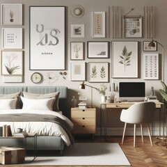 Bedroom sets have template mockup poster empty white with Bedroom interior and a desk and pictures on the wall art photo photo harmony lively.