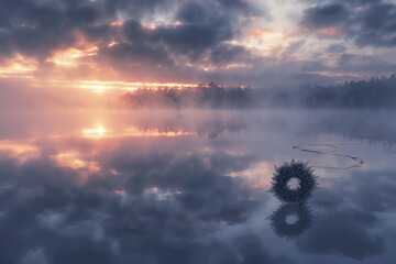 Ethereal ribbons and Memorial Day wreath at dawn on a misty lake.
