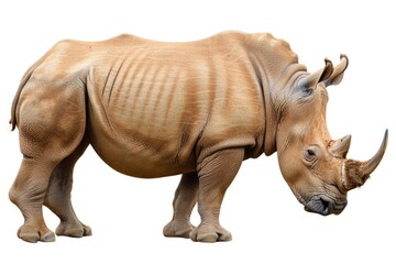 Obraz premium A powerful rhino standing on a plain white background. Perfect for nature and wildlife themes