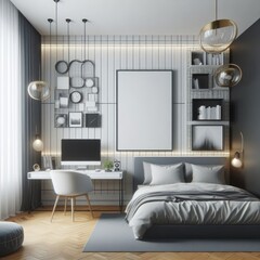 Bedroom sets have template mockup poster empty white with Bedroom interior and a desk image used for printing card design.