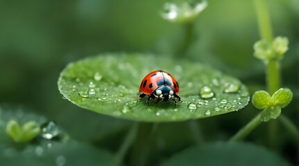 Fototapeta premium ladybug on green leaf