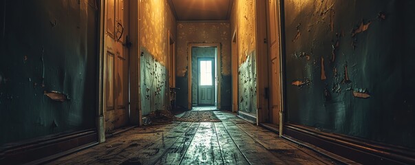 Capture the eerie ambiance of a haunted house from a low-angle perspective Utilize oil painting techniques to bring out the shadows and ghostly details in the dimly lit hallway