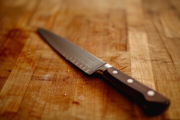 A detailed close up emphasizes the texture and craftsmanship of a kitchen knife laid on a wooden...