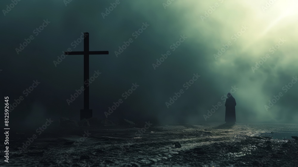 Poster empty space with a silhouette of a cross and copy of the parable of the prodigal son, allowing for m