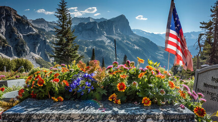 Memorial Day flag and blooms at a veteran's grave in mountain setting.