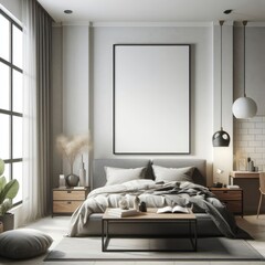 Bedroom sets have template mockup poster empty white with Bedroom interior and a table art realistic photo harmony.
