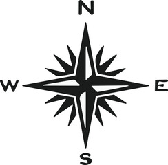 Monochrome Compass icon. navigational compass with cardinal directions of North, East, South, West. Geographical position, cartography and navigation. Vector