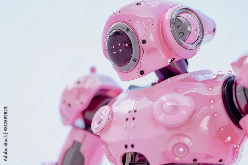 Aufkleber This image features a close-up of a pink robot's torso with soft focus on the background, emphasizing the robotic details