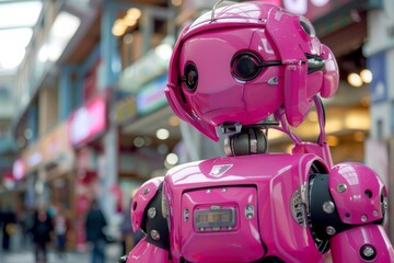 Lifelike pink robot with a seemingly curious expression positioned in a shopping mall environment blending technology and daily life