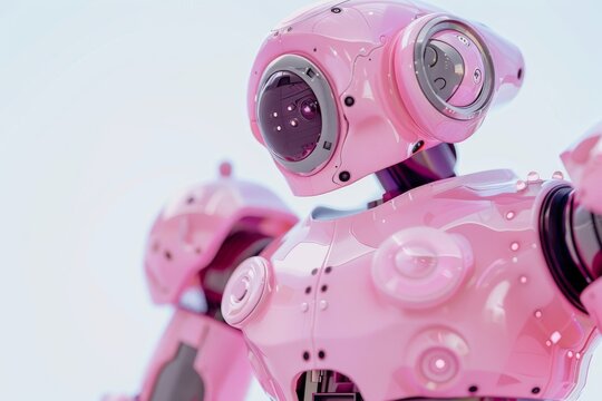 This image features a close-up of a pink robot's torso with soft focus on the background, emphasizing the robotic details