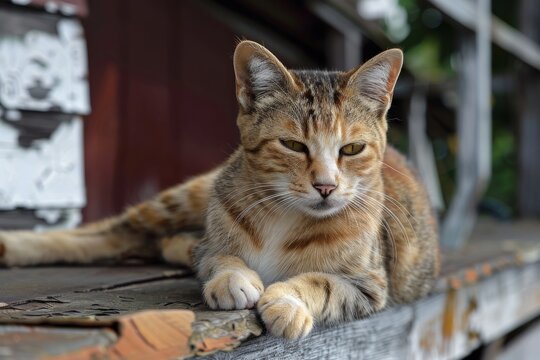 A relaxed calico cat sprawls lazily, its face obscured, atop a rustic, weathered wooden surface outdoor