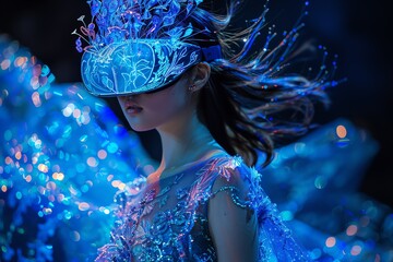 Visualize a chrome-plated, holographic gown merging surrealism with augmented reality Detailed digital lace flows around a VRE headset, creating an ethereal, otherworldly ensemble