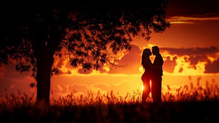 Fototapeta premium Couple silhouette against a sunset under a tree
