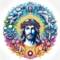 Obraz premium A colorful artwork of a jesus christ with a crown of thorns photo photo lively card design illustrator