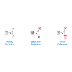 Primary, Secondary and Tertiary carboanion molecule skeletal structure diagram.organic compound molecule scientific illustration on white background.