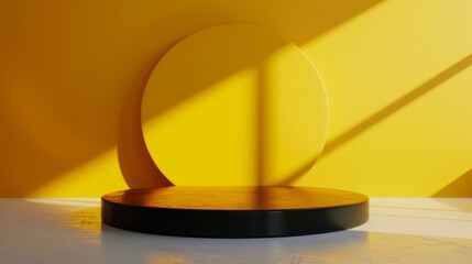 Wooden Table With Circular Mirror in Front of Yellow Wall