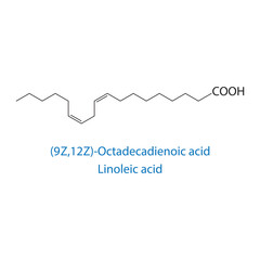 (9Z,12Z)-octadecadienoic acid, linoleic acid molecule skeletal structure diagram.fatty acid compound molecule scientific illustration on white background.