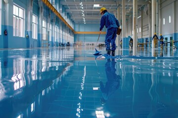 A man in a blue suit cleaning a spacious room. Suitable for cleaning services advertising