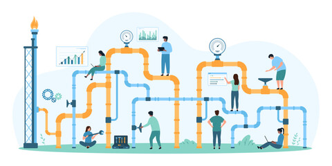 Gas industry pipeline inspection, energy and fuel factory system. Tiny people control safety of pipe and valve, workers of maintenance and repair service check settings cartoon vector illustration