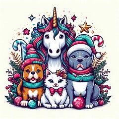 Many animals include dogs, cats, unicorns with hats and a unicorn art photo photo used for printing illustrator.