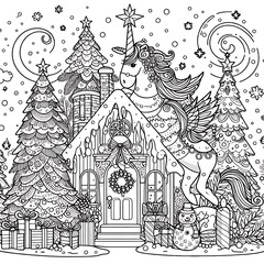 Naklejka premium A coloring page of a house with a unicorn image realistic photo illustrator.