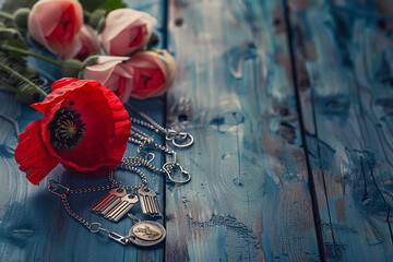 Memorial Day reflected through a poignant setting of a red poppy and dog tags on blue wood.