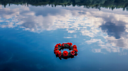 Reflective lake holds a poppy wreath, symbolizing deep Memorial Day reflection.