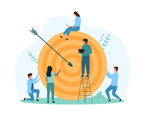 Hit target, business goal achievement, success strategy analysis. Tiny people research advantages and incentives of marketing project, perfect teamwork of analysts cartoon vector illustration