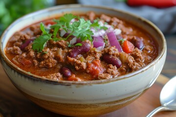 Bowl of chili con carne garnished with fresh cilantro and onion, perfect for a cozy meal