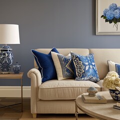 Navy Blue Accents in Luxurious Living Room, Ideal for Elegant Home Decor