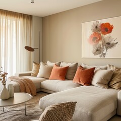 Soft Pink and Orange Accents in a Comfortable Living Room, Suitable for Relaxing Home Environment