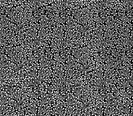 A black and white hand-drawn drawing of branches and leaves.Seamless background.