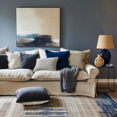 Stylish Living Room with Navy and Cream Accents, Perfect for a Luxurious Home