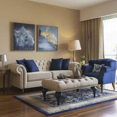 Contemporary Living Room with Blue Accents and Elegant Decor, Ideal for Modern Living Spaces