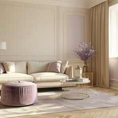 Elegant Living Room in Soft Beige, Ideal for Luxurious and Comfortable Home Settings
