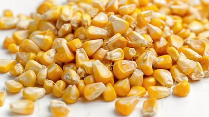 A pile of corn on a white surface. Perfect for food-related projects