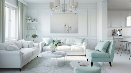 Fresh Mint Green Living Room with Elegant Decor for Lifestyle Magazines and Interior Design