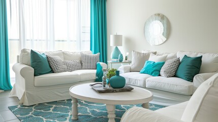 Chic White Living Room with Teal Accents, Ideal for Trendy Home Settings
