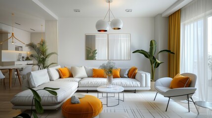 Modern Living Room with Yellow and White Accents, Perfect for Cheerful Home Environments