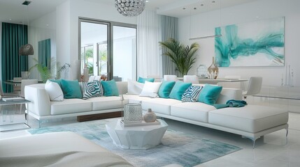 Refreshing White and Teal Living Room, Perfect for a Modern and Relaxing Home Atmosphere