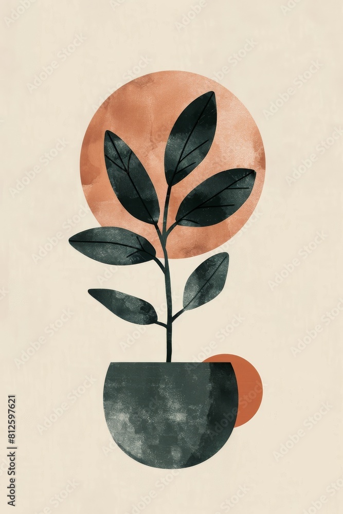 Poster A minimalistic design featuring an abstract plant with a large, sun-colored circle serving as a backdrop, evoking warmth and serenity