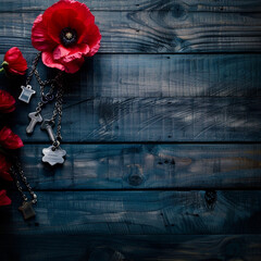 Dark blue wood hosts a Memorial Day decor with a red poppy and military tags.