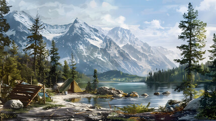 A beautiful landscape painting of a mountain lake. The water is calm and clear, reflecting the sky above. The mountains are covered in snow. The trees are green and lush. There is a small campsite on 