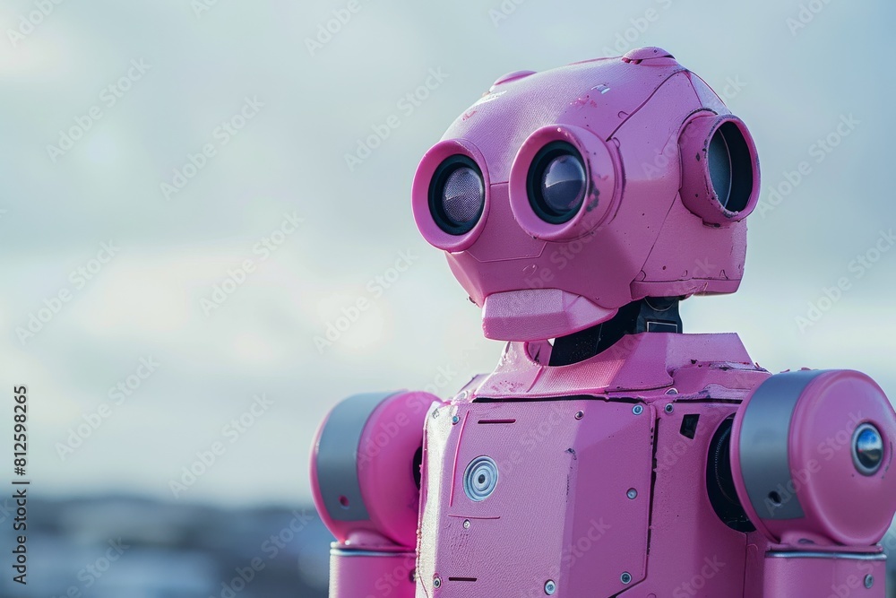 Poster portrait of a retro-styled robot head with large eyes set against a cloudy sky backdrop