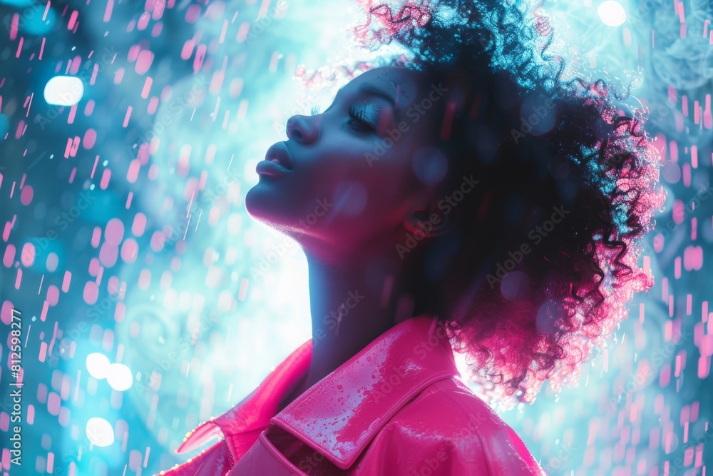 Poster an individual stands with a vibrant neon backdrop, exuding a futuristic vibe with abstract light pat