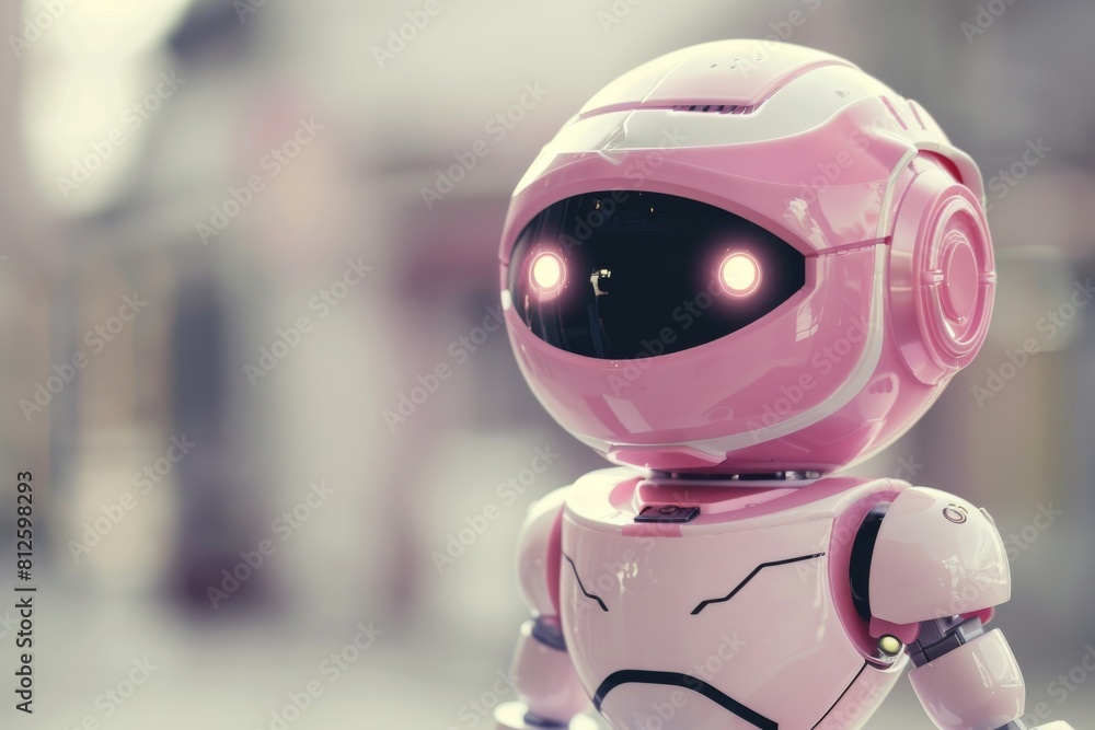 Poster A close-up image showing a pink robot with a futuristic design, focusing on its head and glowing eyes