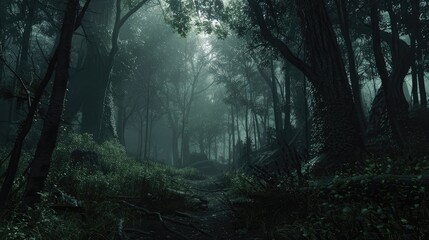 Fototapeta premium Dark and eerie forest with a stunning backdrop