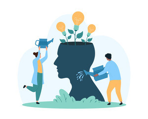 Creative business idea growth, mentorship and change to positive mindset, skills development strategy. Tiny people watering light bulb plants growing from human head cartoon vector illustration