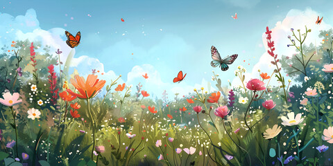 A painting of a field with flowers and butterflies A field of flowers with a butterfly on the top.