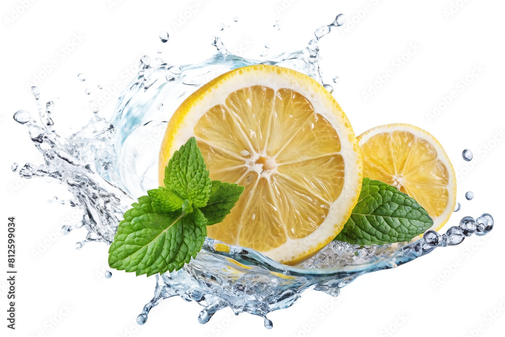 Poster lemon water splash isolated on white transparent background, lemon fruit slice leaves and water spla